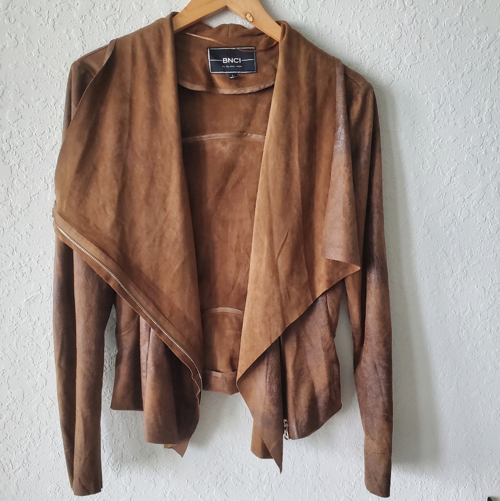 BNCI By Blanc Noir Faux Leather Jacket  Large Brown Full Zip Long Sleeve
